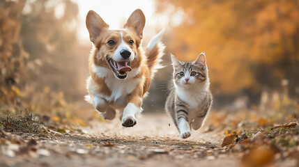 A happy dog and a playful cat running side by side, mid-action, with their fur slightly bouncing