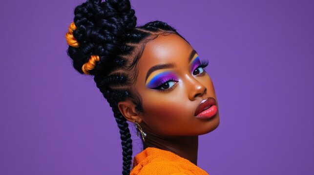 Portrait of woman with braids, colorful eye shadow, and bright purple lipstick. Her hair is styled into cornrows, and she has jewelry in her ear. She is wearing a dark top with a light-colored graphic
