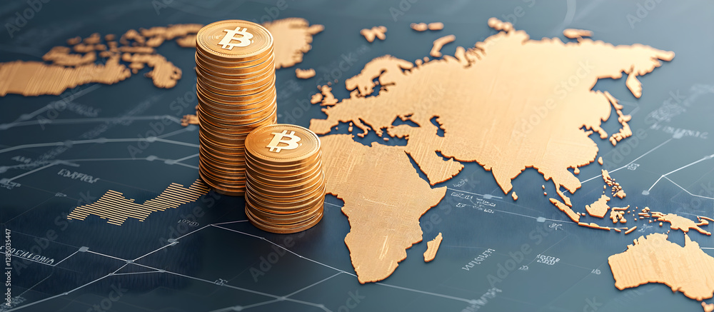 Poster a stack of coins is on top of a map of the world