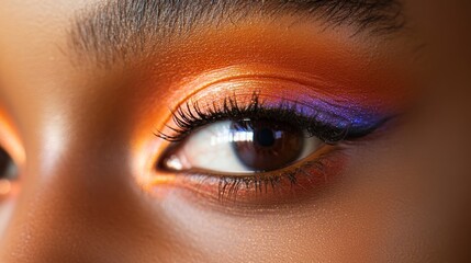 Obraz premium Vibrant close-up of a young person's eye showcasing bold orange and purple eyeshadow in a well-lit setting