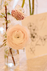 Elegant flower arrangement featuring delicate blooms in a clear vase on a textured fabric background