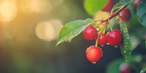 Obraz premium Fresh red cherries glistening with water droplets in the early morning sunlight on a summer day