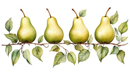 Watercolor style pears on a branch nature scene artistic illustration realistic detail