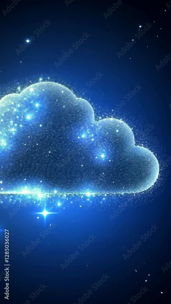 Poster floating sparkling cloud in a starry night sky with a deep blue backdrop creating a magical atmosphe