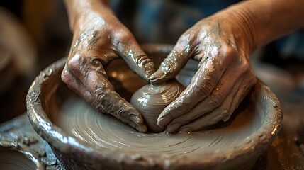 Hands Shaping Clay on Potter's Wheel Artisanal Craft in Studio
