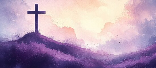 Obraz premium Crucifix Silhouette Watercolor Landscape Purple Hill Faith Christian Banner