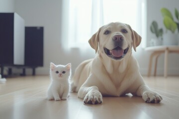 Obraz na płótnie Canvas Friendly dog and playful kitten enjoying a sunny afternoon indoors