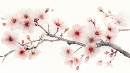A delicate watercolor illustration of cherry blossom branches in soft pink hues.