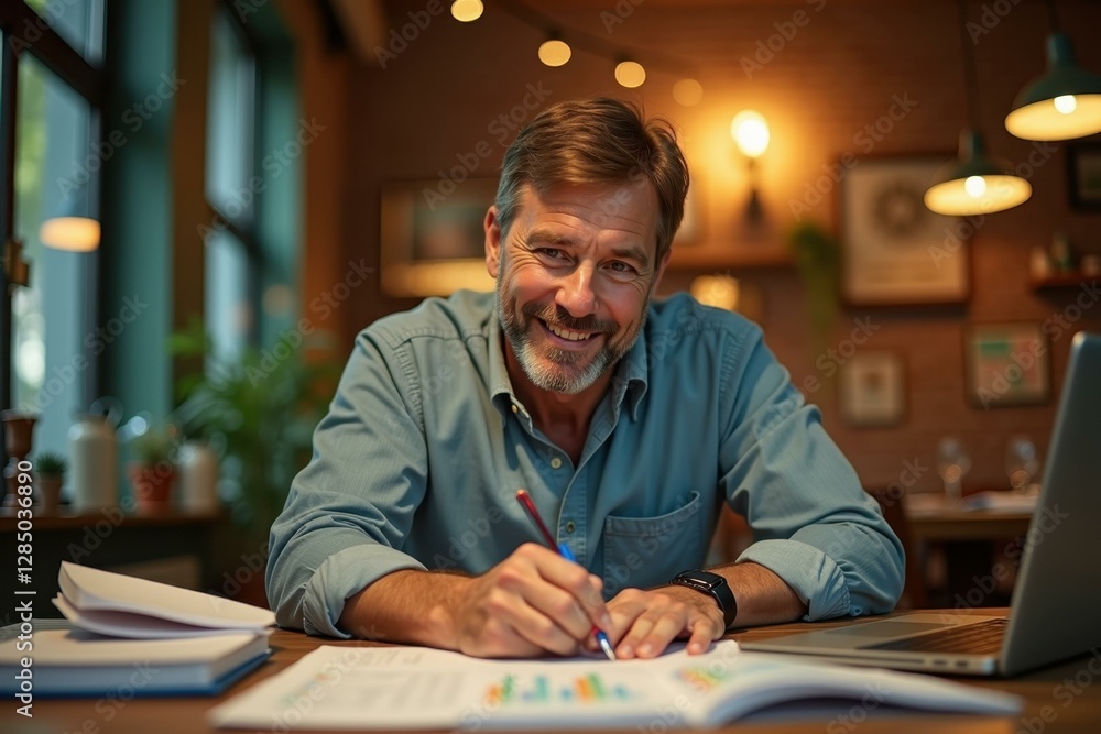 Aufkleber man is smiling while sitting at table with laptop