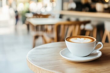 Coffee cup on a wooden table in a bright, modern cafe during the daytime