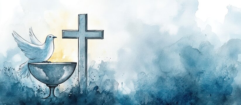 Baptism Watercolor Illustration with Cross, Dove, and Chalice for Christian Faith Concept
