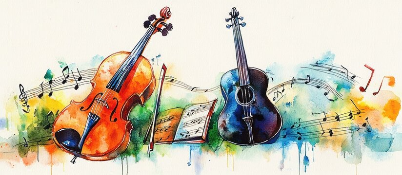 Musical Instruments Watercolor Painting with Violin Guitar and Dynamic Rhythm