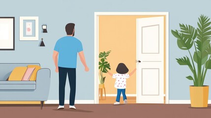 Father and Daughter at Home Doorway: A heartwarming illustration of a father and his daughter at a doorway, a simple yet touching scene of domestic life and family connection.
