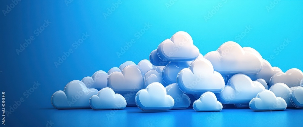 Poster Digital Art of Cloud Icons on Gradient Blue Background with Soft Lighting and Symmetrical Composition