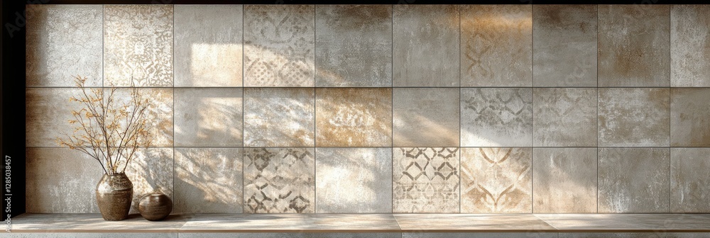 Poster modern textured wall design with intricate tile patterns in grey and beige for contemporary interior