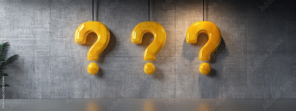 Poster yellow question marks on gray wall ambient lighting modern art composition