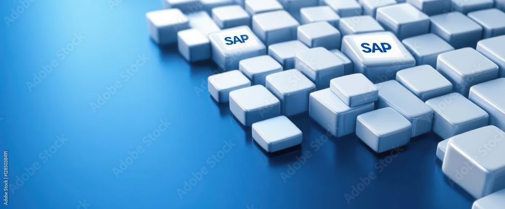 Poster buttons of a tech company on a heap on a table with gradient blue background