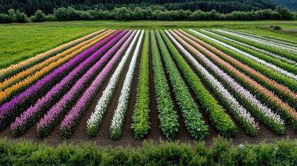 Aerial view of vibrant flower field with colorful rows in spring