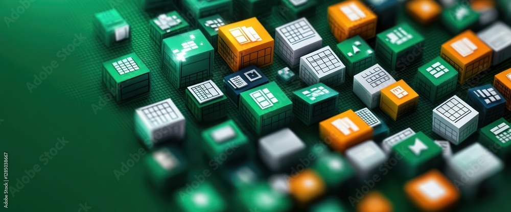 Poster colorful spreadsheet software icons on a gradient green background with copy space for business and 