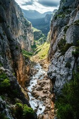 Scenic mountain river and valley, hikers trail with stunning views