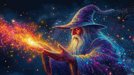 Naklejka premium A pixel wizard casting a colorful spell with sparkles