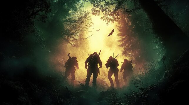 Adventurers at the Dark Dungeon Entrance with Mystical Forest Background