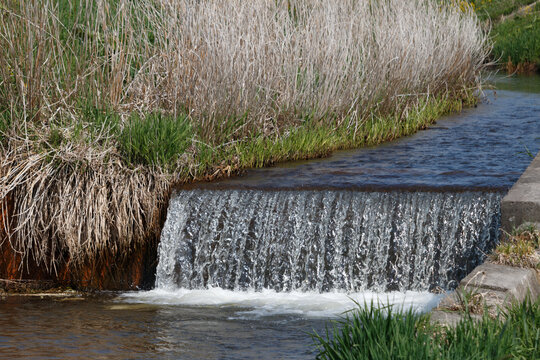 Water flowing over a weir dam in a small river
