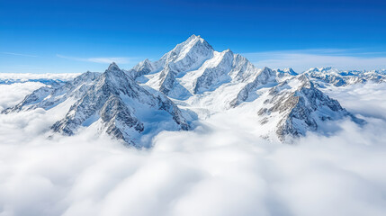 Aerial view of majestic mountain range with snow capped peaks and clouds