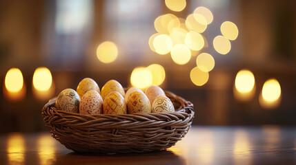 Obraz premium festive Easter display with handwoven basket of painted eggs