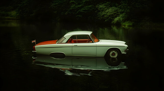 Vintage white amphibious car floating on calm dark lake water near a green forest.
