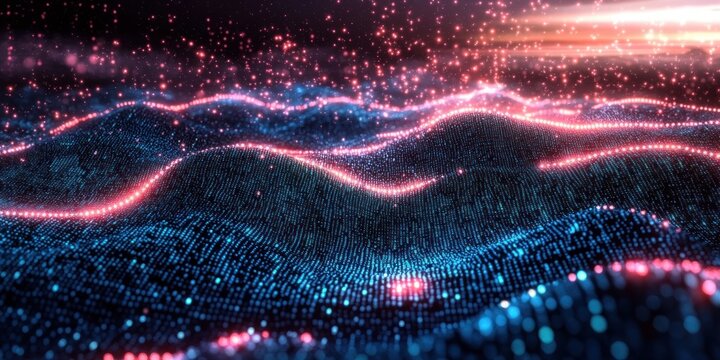 Digital Landscape of Binary Code with Neon Lights and Dreamy Atmosphere in Cyberspace