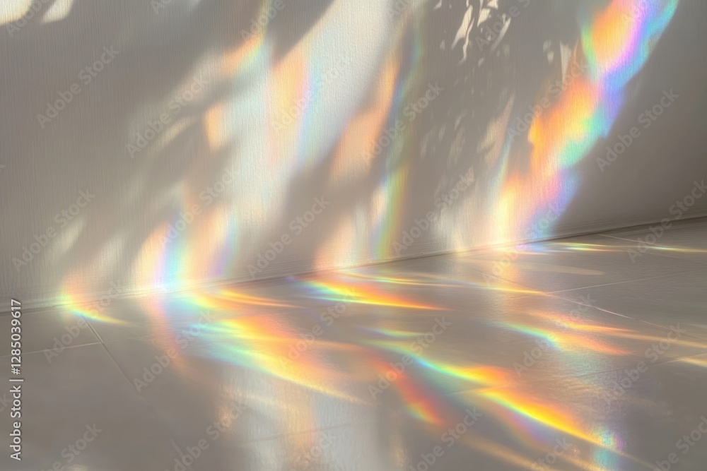 Poster ethereal light refraction overlay with gentle rainbow shadows on white surface for minimalist photog