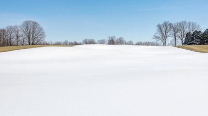 Obraz premium Snow-covered golf course, winter landscape, trees, blue sky, tranquil scene, nature background
