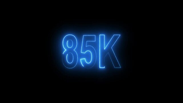Glowing neon line with 85k Ultra HD video technology icon isolated on black background 85K subscribers modern animation banner design