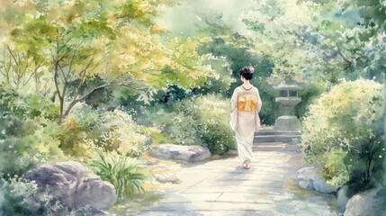 A serene scene of a woman in a kimono walking through a lush garden pathway with greenery