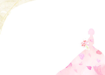 ブーケを持った花嫁のシルエットのロマンティックフレーム。お祝い向けの華やかなイラスト。