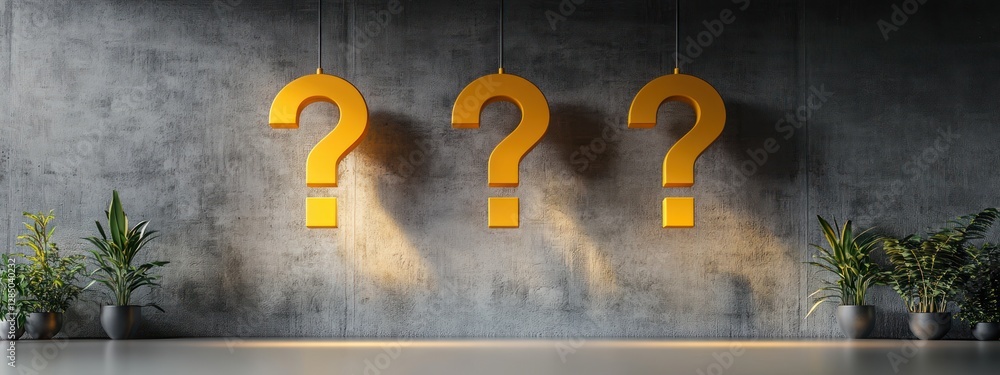 Poster three large yellow question marks against a soft gray wall with ambient lighting