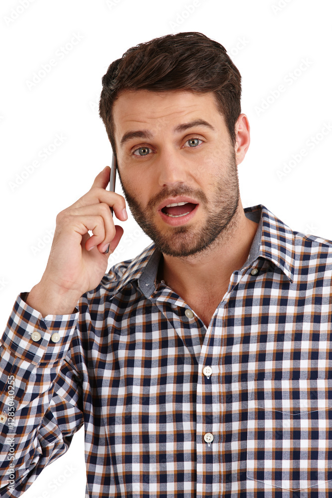 Poster man, phone call and shock in studio portrait, listening and mobile network with wow by white backgro