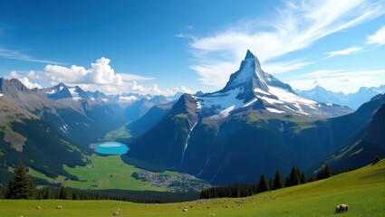 Fototapeta premium Majestic Mountain Landscape with Green Valley, Alpine Lake, and Snow-Capped Peaks Under Blue Sky