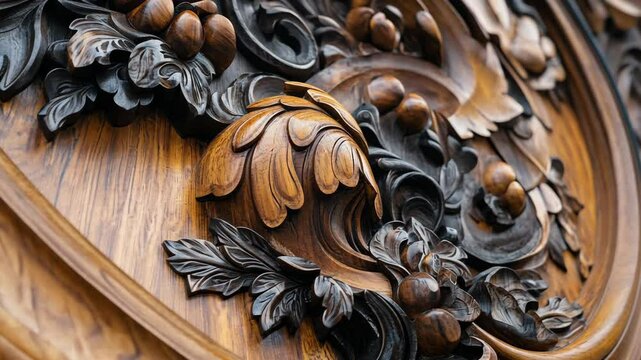 Intricate wooden carving with floral and vine patterns showcasing skilled craftsmanship in detailed artistry