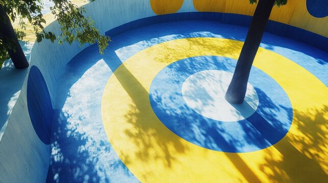 Vibrant Blue and Yellow Circular Patterns on Urban Playground Surrounded by Trees and Shadows