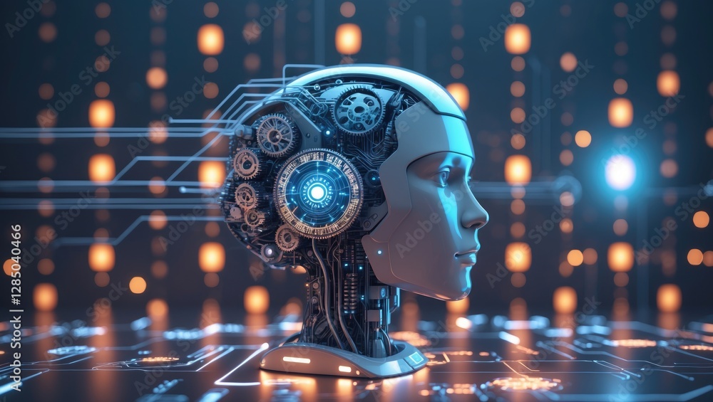 Poster imagery of ai and machine learning, alongside the theme of financial technology, featuring a robot's