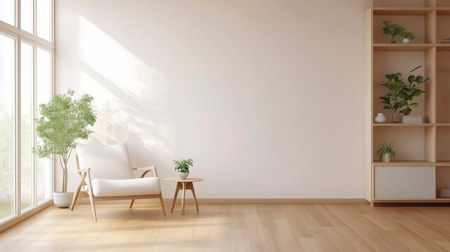 Minimalist living room with white chair and coffee table near  with plant  ,wood furniture and minimalist decor with white wall background . Zoom Virtual Meetings Background. 3D Backdrop.