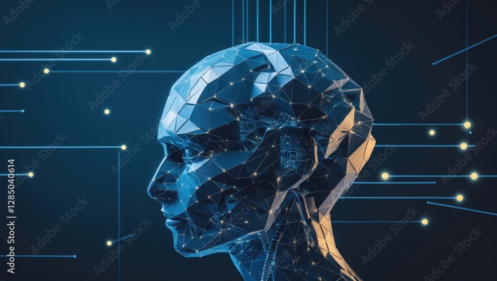 Poster polygonal representation of an artificial intelligence brain against a dark blue backdrop featuring 