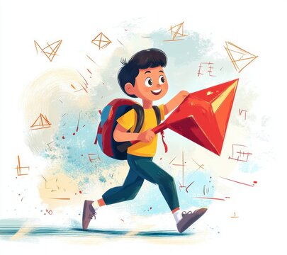 Cheerful schoolboy running to school with backpack and ruler, happy student carrying schoolbag, vibrant cartoon style illustration