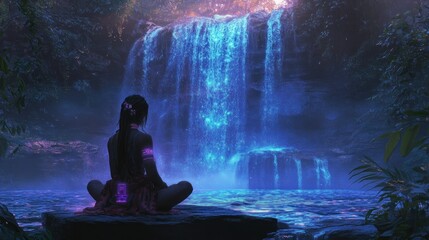 Fototapeta premium Serene figure meditating by a glowing waterfall in a mystical forest at twilight