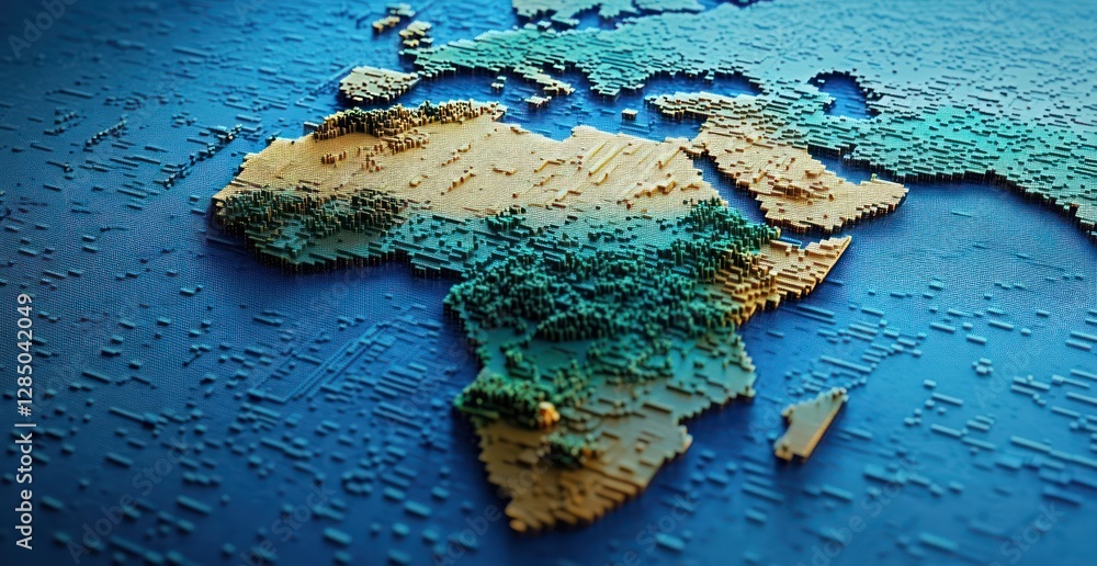Aufkleber 3d pixel art representation of africa with blue background and dynamic lighting