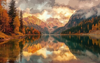 Obraz premium Tranquil Autumn Landscape at Braies Lake Surrounded by Majestic Mountains