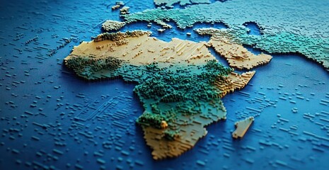 3D Pixel Art Representation of Africa with Blue Background and Dynamic Lighting