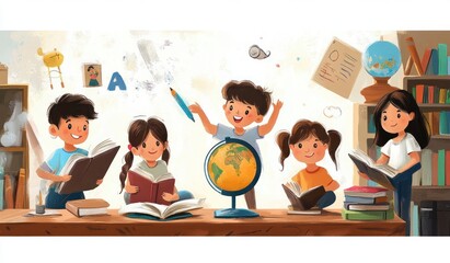 Cheerful Children Engaged in Educational Activities with Books and Globe in Bright Cartoon Style